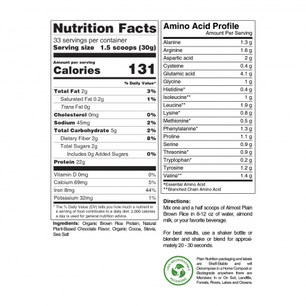 Chocolate Brown Rice Protein Powder Nutrition Facts