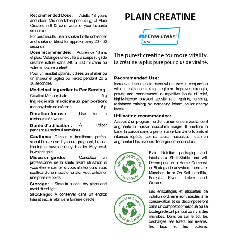 Plain Creatine Supplement Facts