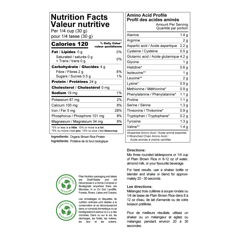 Organic Brown Rice Protein Powder Nutrition Facts