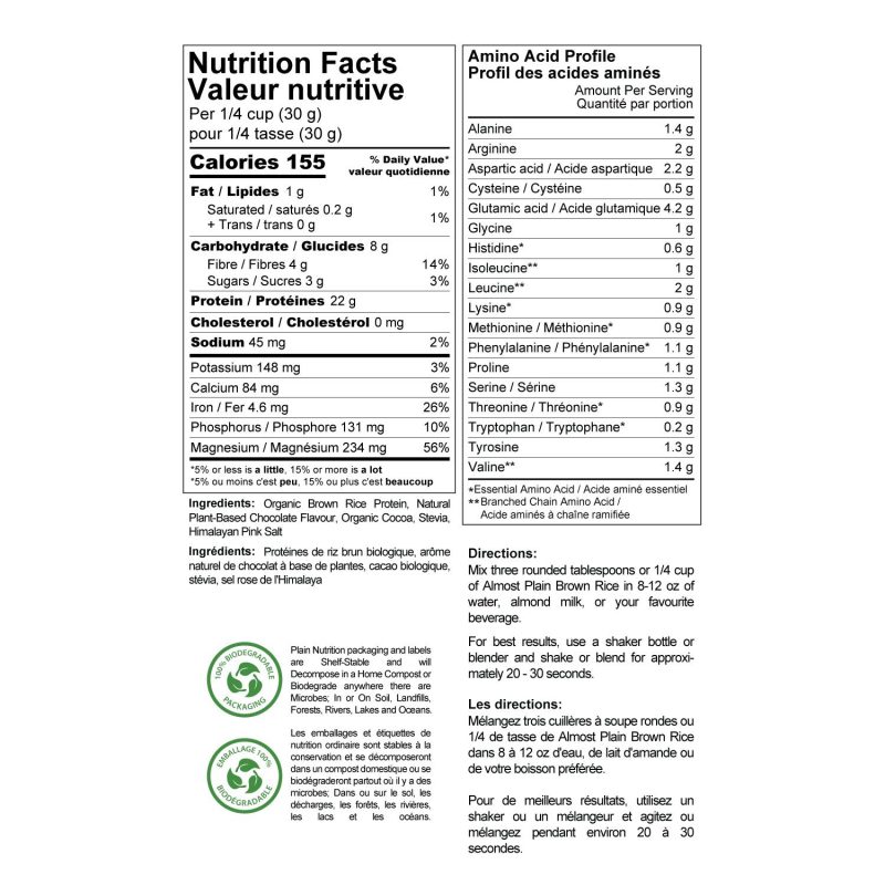 Organic Chocolate Brown Rice Protein Powder Nutrition Facts