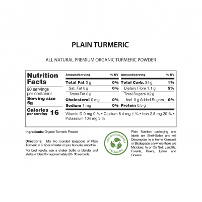 Plain Nutrition Organic Turmeric Powder Nutrition Facts Panel