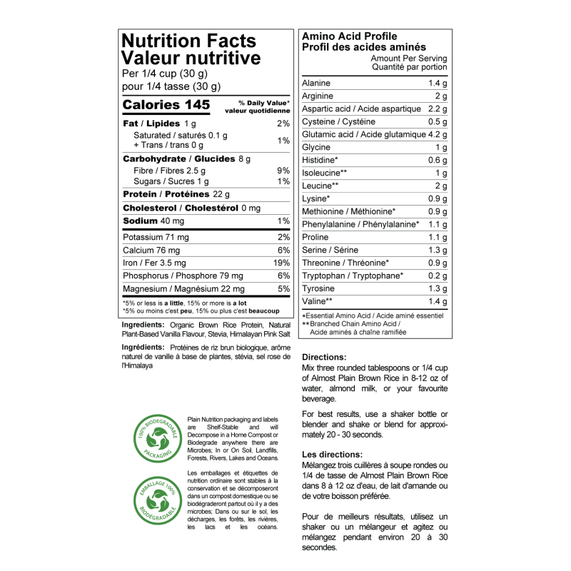 Organic Vanilla Brown Rice Protein Powder Nutrition Facts