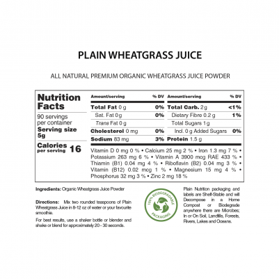 Plain Nutrition Organic Wheatgrass Juice Powder Nutrition Facts Panel