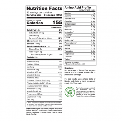 Premium Chocolate Vegan Protein Powder Blend Nutrition Facts