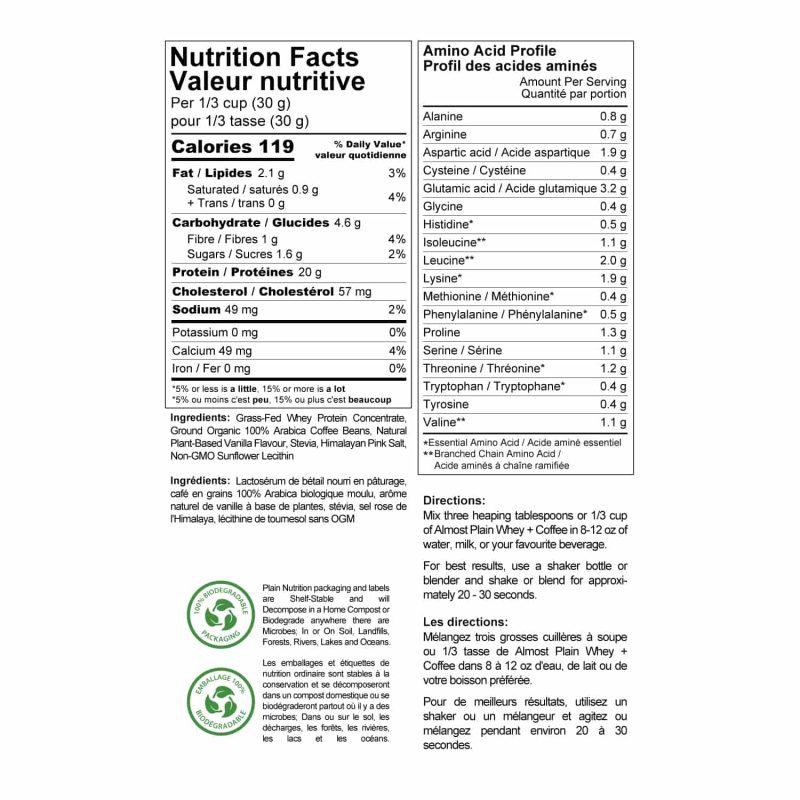 Almost Plain Whey + Coffee (Colombian) Nutrition Facts