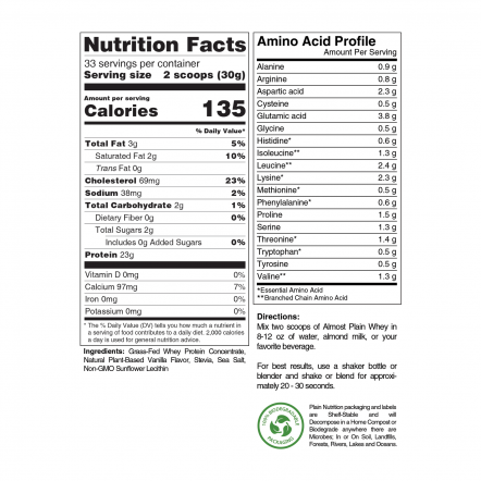 Vanilla Grass-Fed Whey Protein Powder Nutrition Facts